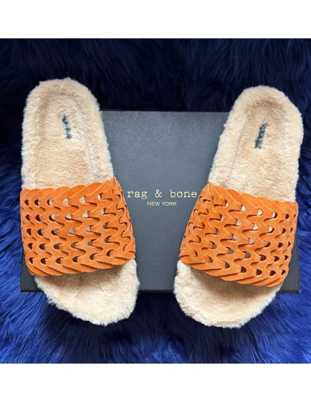 New! Rag & Bone Bailey Shearling Slide Sandals in Sunset Suede